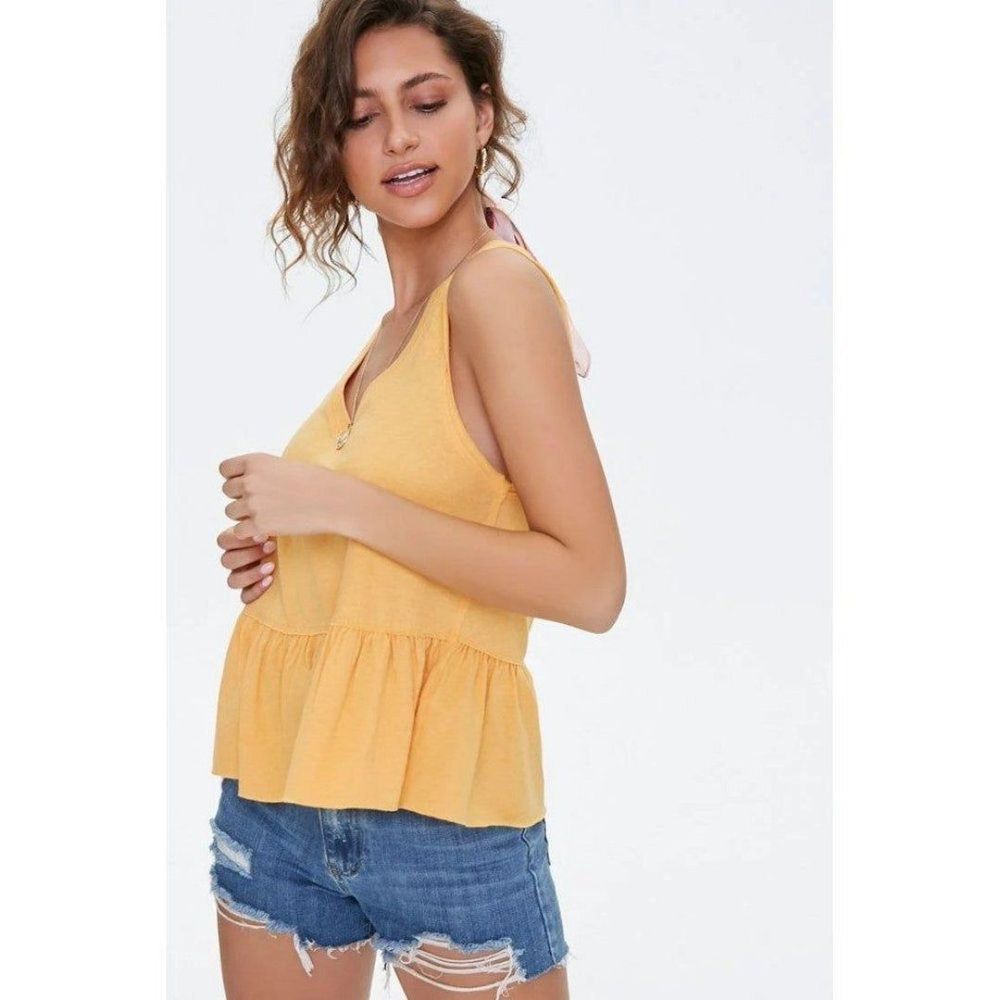 Forever 21 Tank Top Size Small Peplum Ruffle Yellow Flared V-Neck